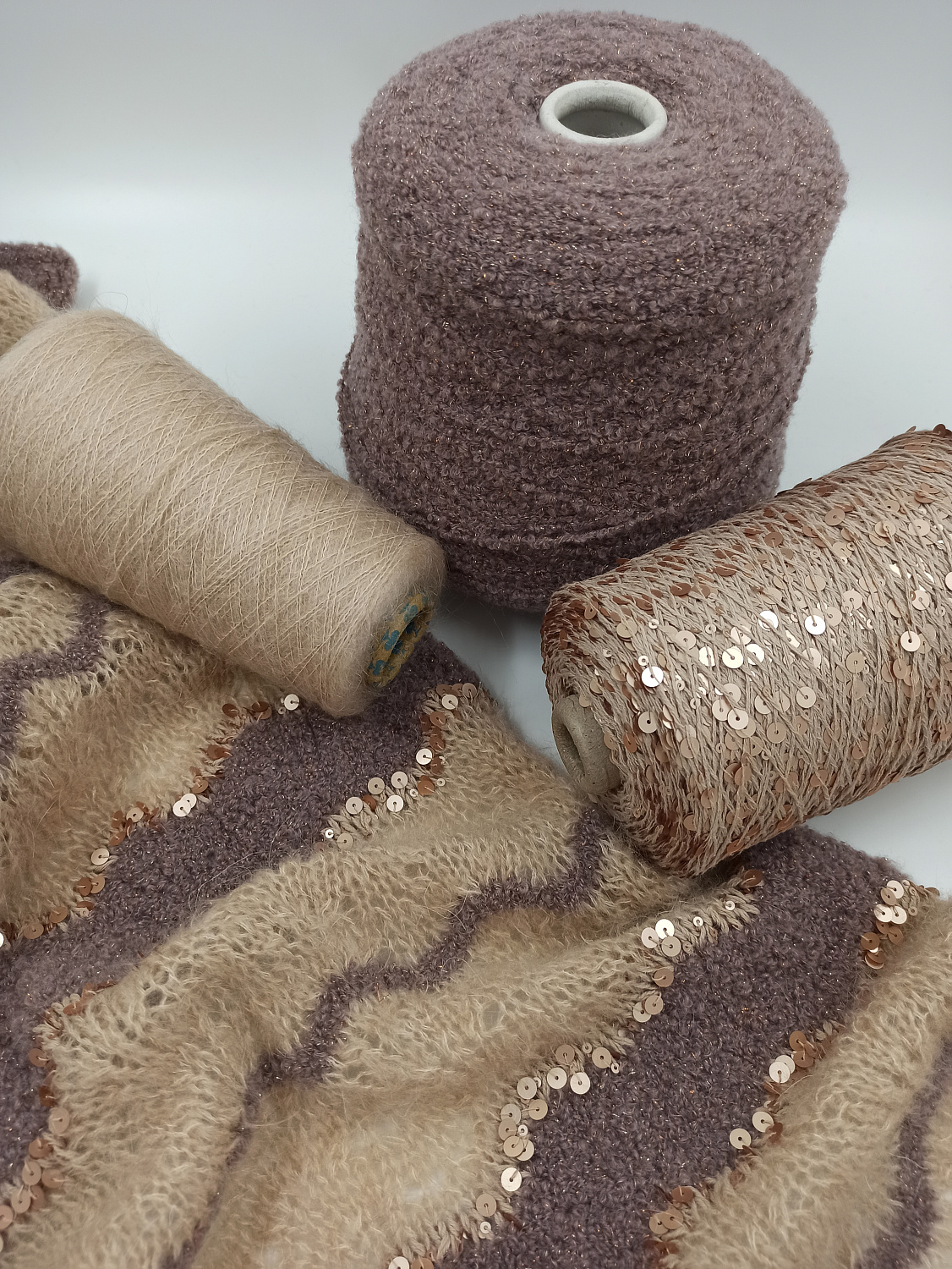 Набор для шарфа, альпака, меринос, мохер, пайетки, цвет бежевый